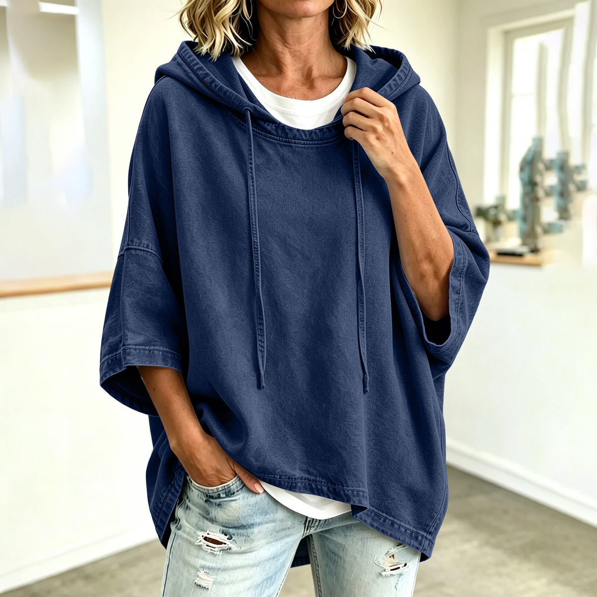 Women's Oversized Denim Hoodie 3/4 Sleeve Pullover Top