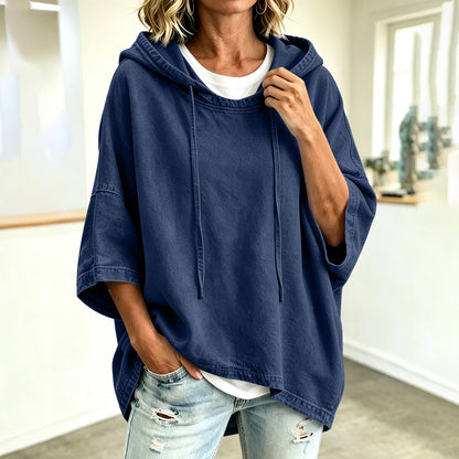 Women's Oversized Denim Hoodie 3/4 Sleeve Pullover Top