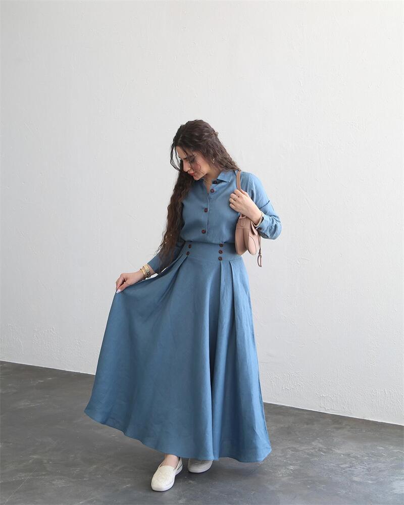 Elegant Women Long Sleeve Blouse Maxi Skirt Two Piece Set