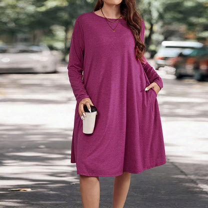 Women's  Autumn and Winter Long Sleeve Round Neck Loose Casual Solid Color Pocket Dresses