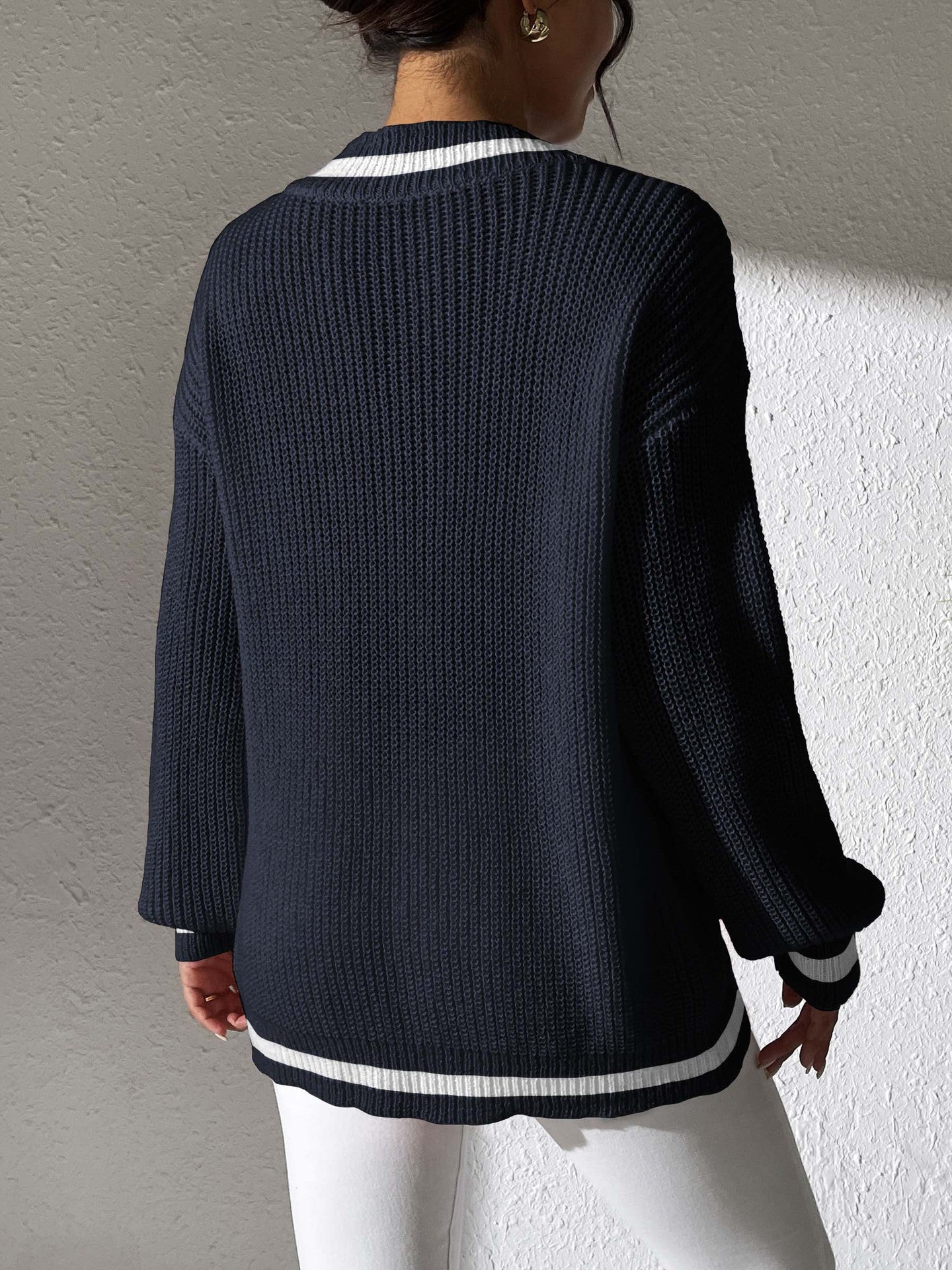 Preppy Colorblock V-Neck Loose Knit Sweater