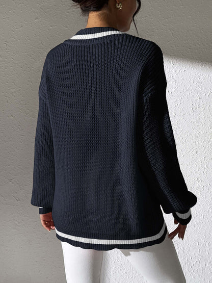 Preppy Colorblock V-Neck Loose Knit Sweater
