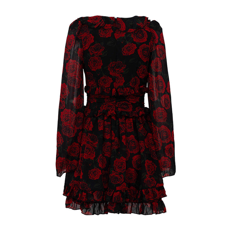 Floral V-Neck Long Sleeve Button Front A-Line Mini Dress