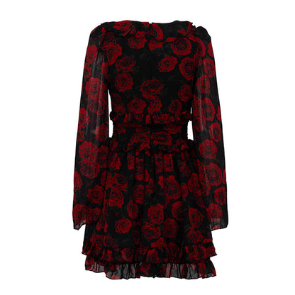 Floral V-Neck Long Sleeve Button Front A-Line Mini Dress