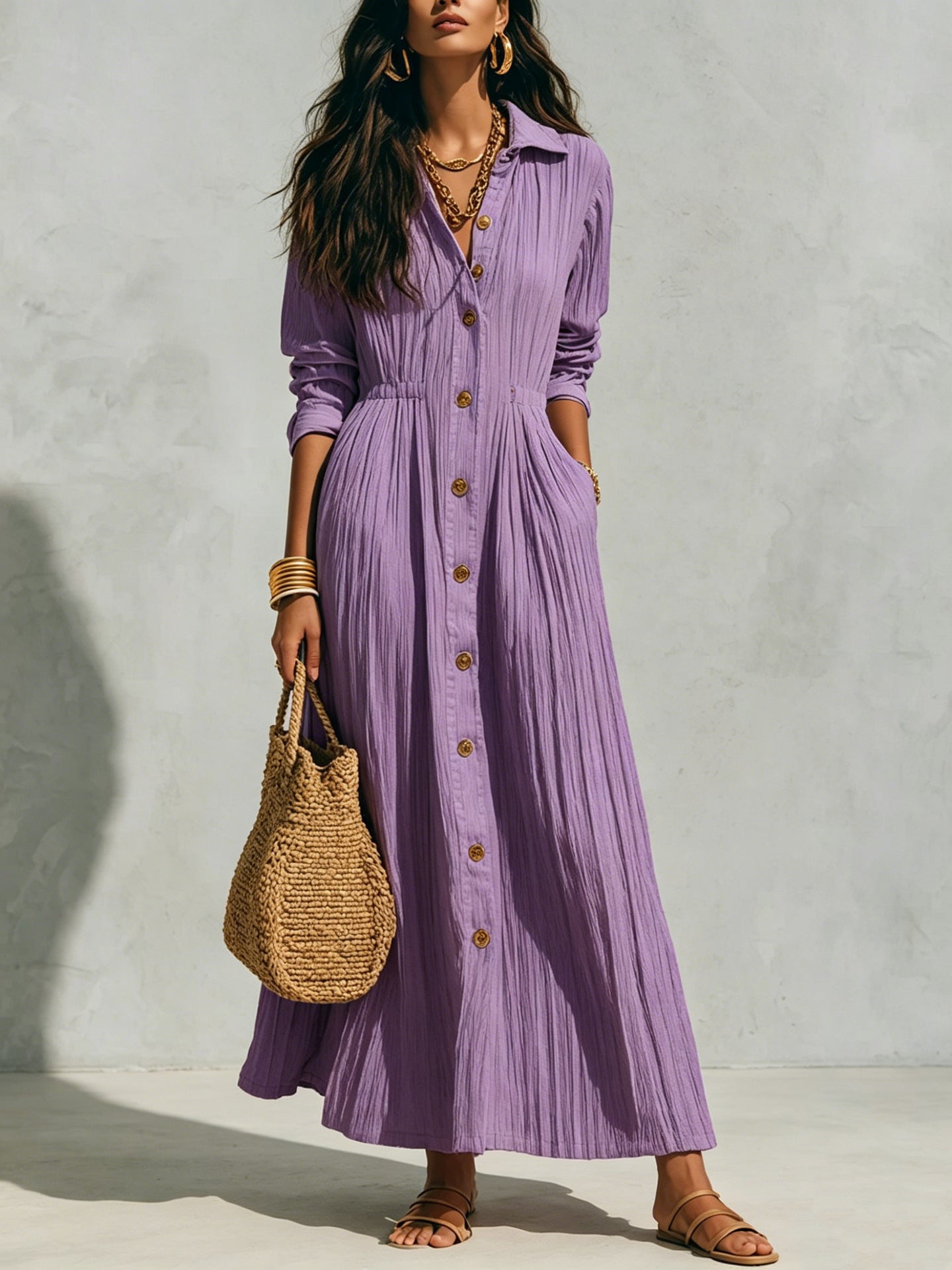 Women's Long Sleeve Maxi Shirt Dress Button Front Pockets