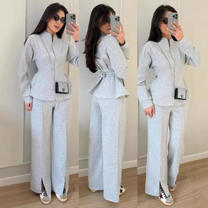 Women's 2 Piece Zip Up Cinched Waist Wide Leg Pants Set