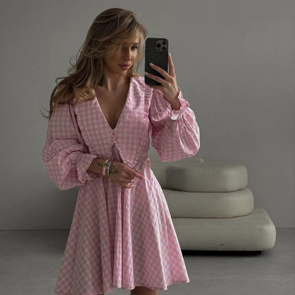 Pink Plaid Long Sleeve Ruffle Collar Mini A-Line Dress