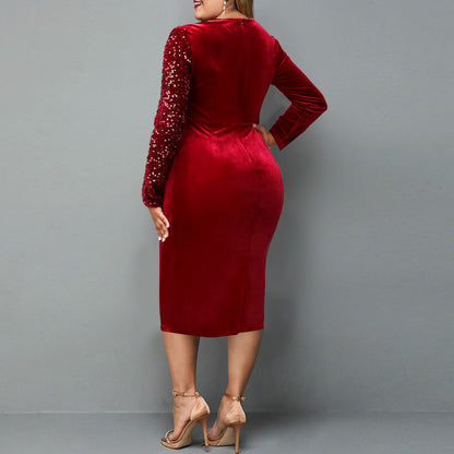 Plus Size Velvet Sequin Cutout Bodycon Midi Dress