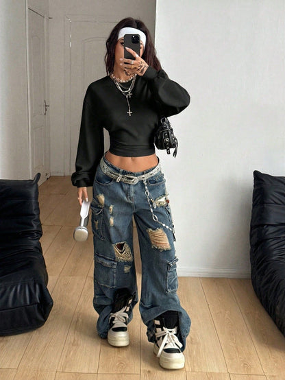 Y2K Crop Sweatshirt Slim Fit Solid Long Sleeve Top
