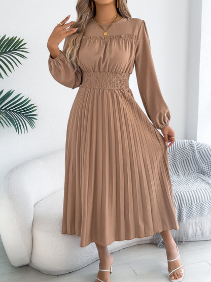 Pleated Maxi Dress Smocked Waist Long Sleeve Midi Dress