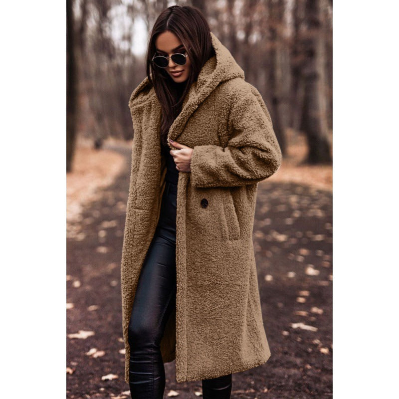 Hooded Sherpa Fleece Long Coat with Pockets