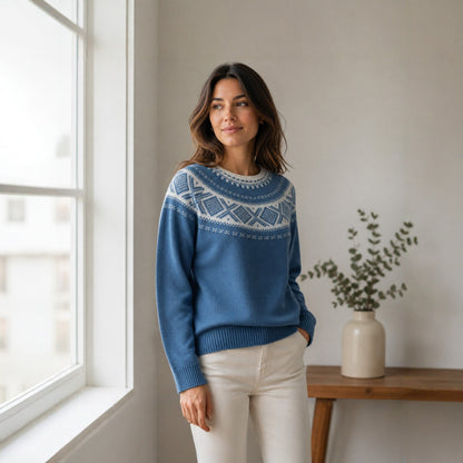 Womens Nordic Fair Isle Sweater Oversized Crewneck Blue