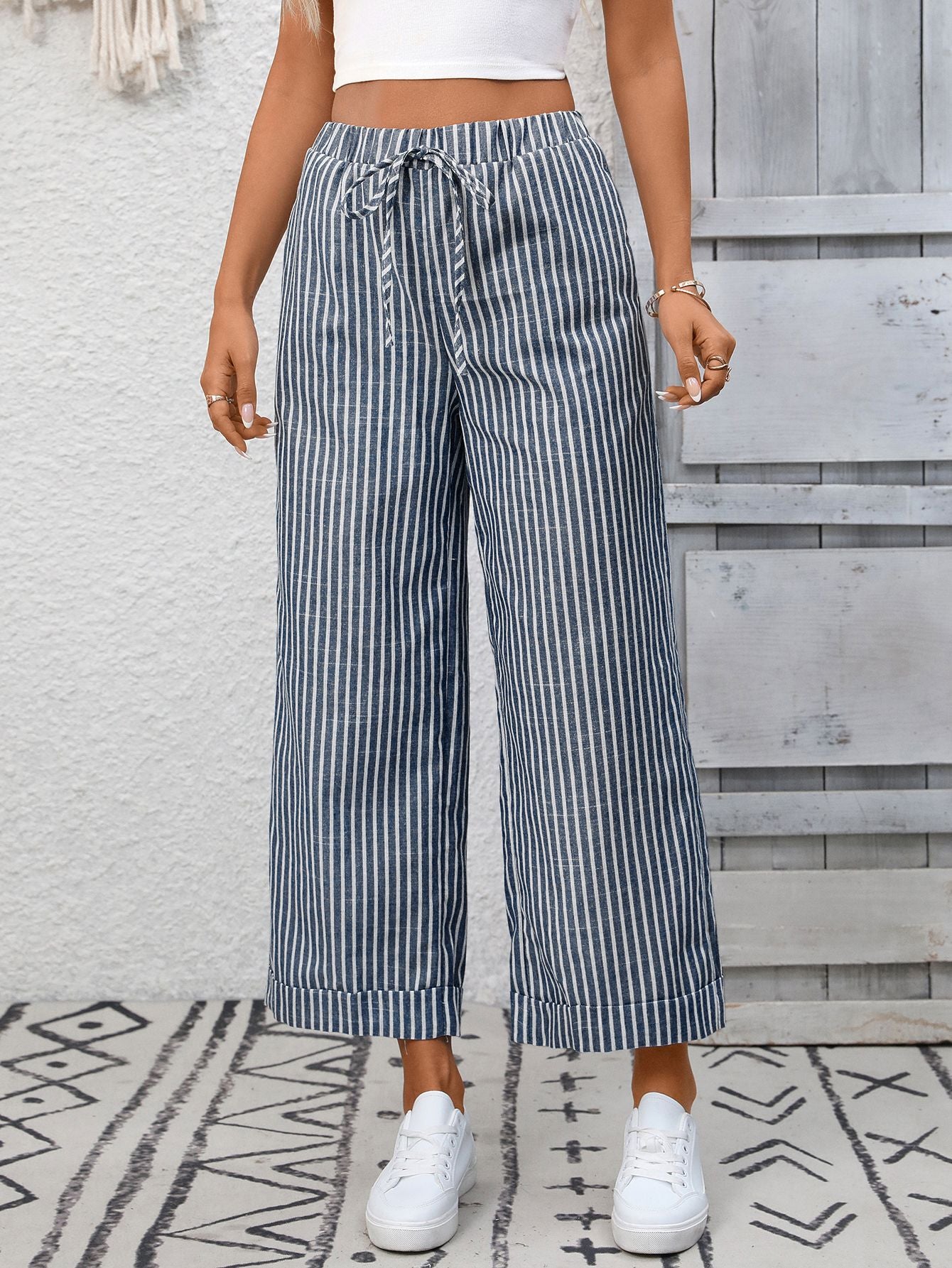 Striped High Waist Drawstring Wide Leg Summer Pants