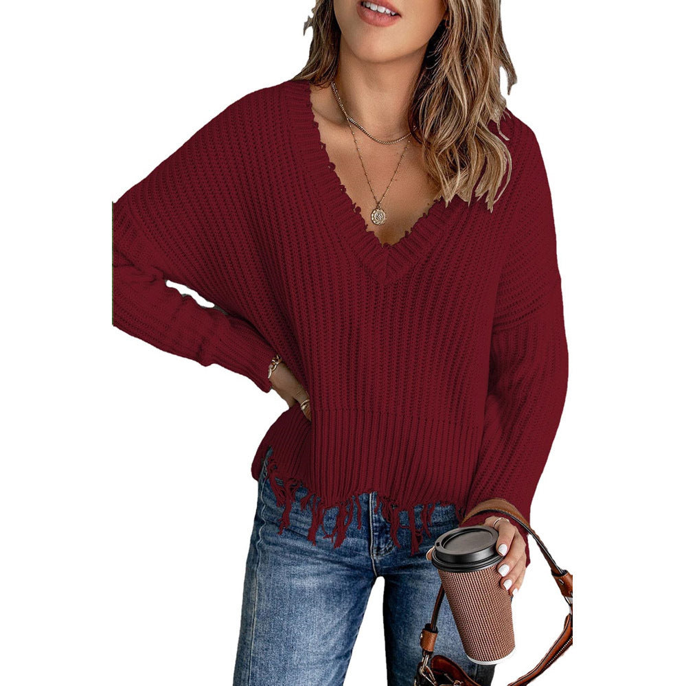 Women's Oversized V-Neck Frayed Hem Knit Sweater