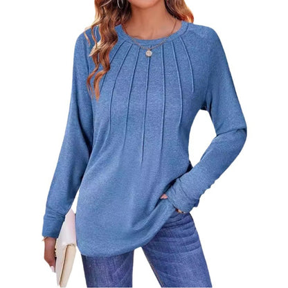 Women's Pleated Crew Neck Long Sleeve Casual Top