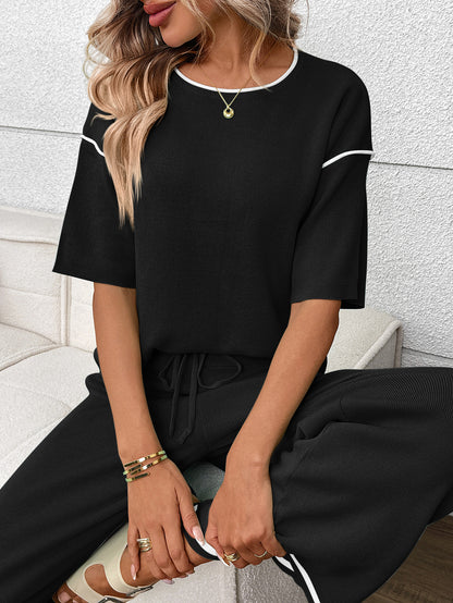Mint Knit Lounge Set Short Sleeve Top Wide Leg Pants