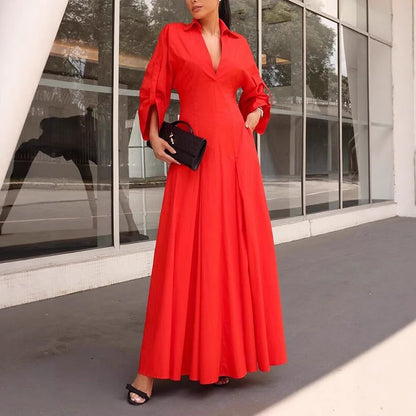 Cotton Shirt Maxi Dress Flowy Elegant Pockets