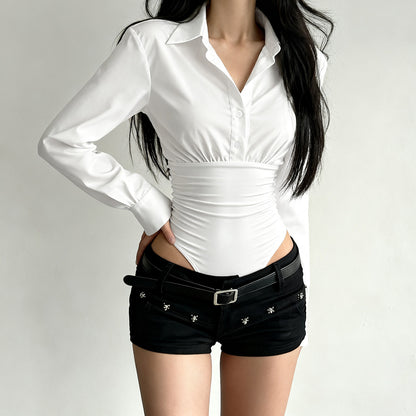 Women's Long Sleeve Collared Bodysuit Slim Fit Workwear