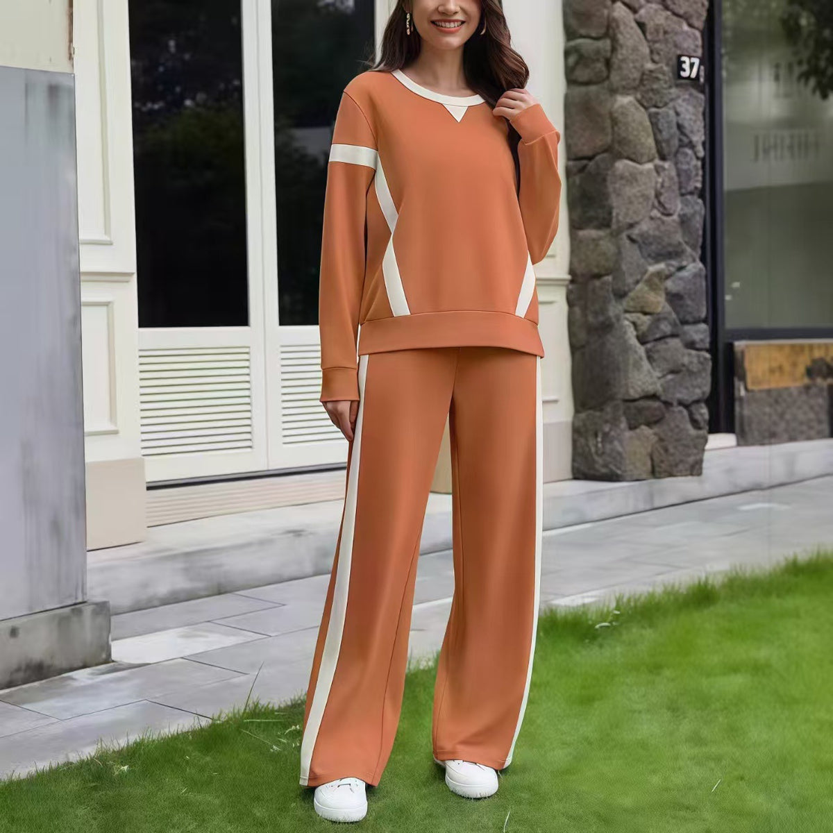 Color Block Sweatshirt Wide Leg Pants Two Piece Set