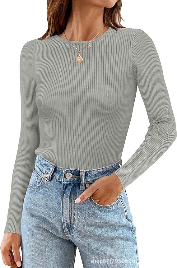 Women's Basic Ribbed Crew Neck Long Sleeve Knit Top