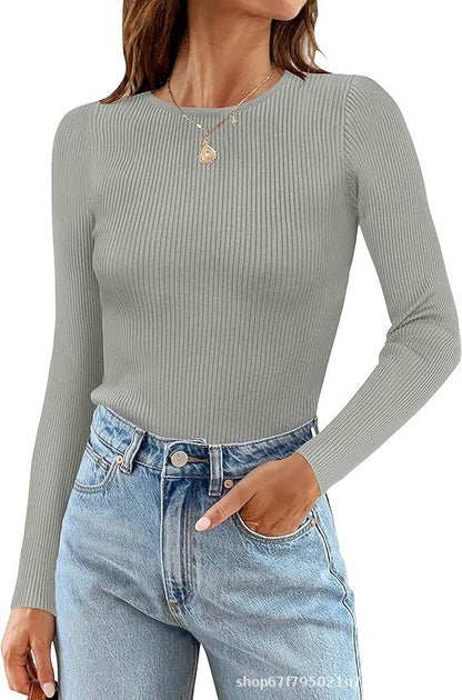 Women's Basic Ribbed Crew Neck Long Sleeve Knit Top