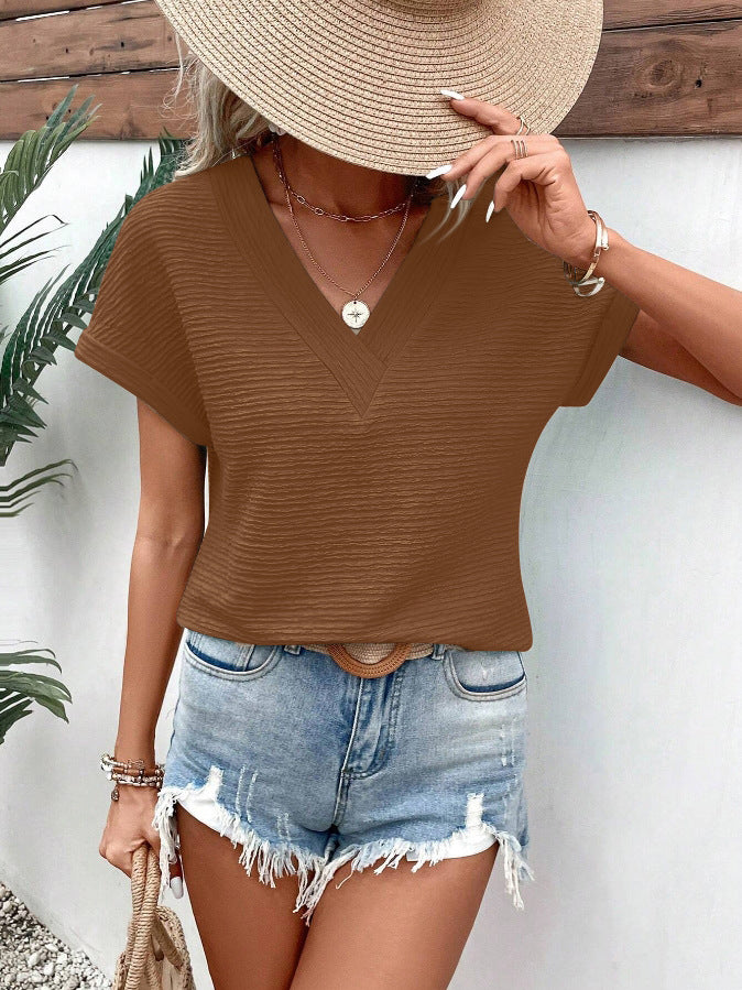 Textured V Neck Short Sleeve Top for Summer Women