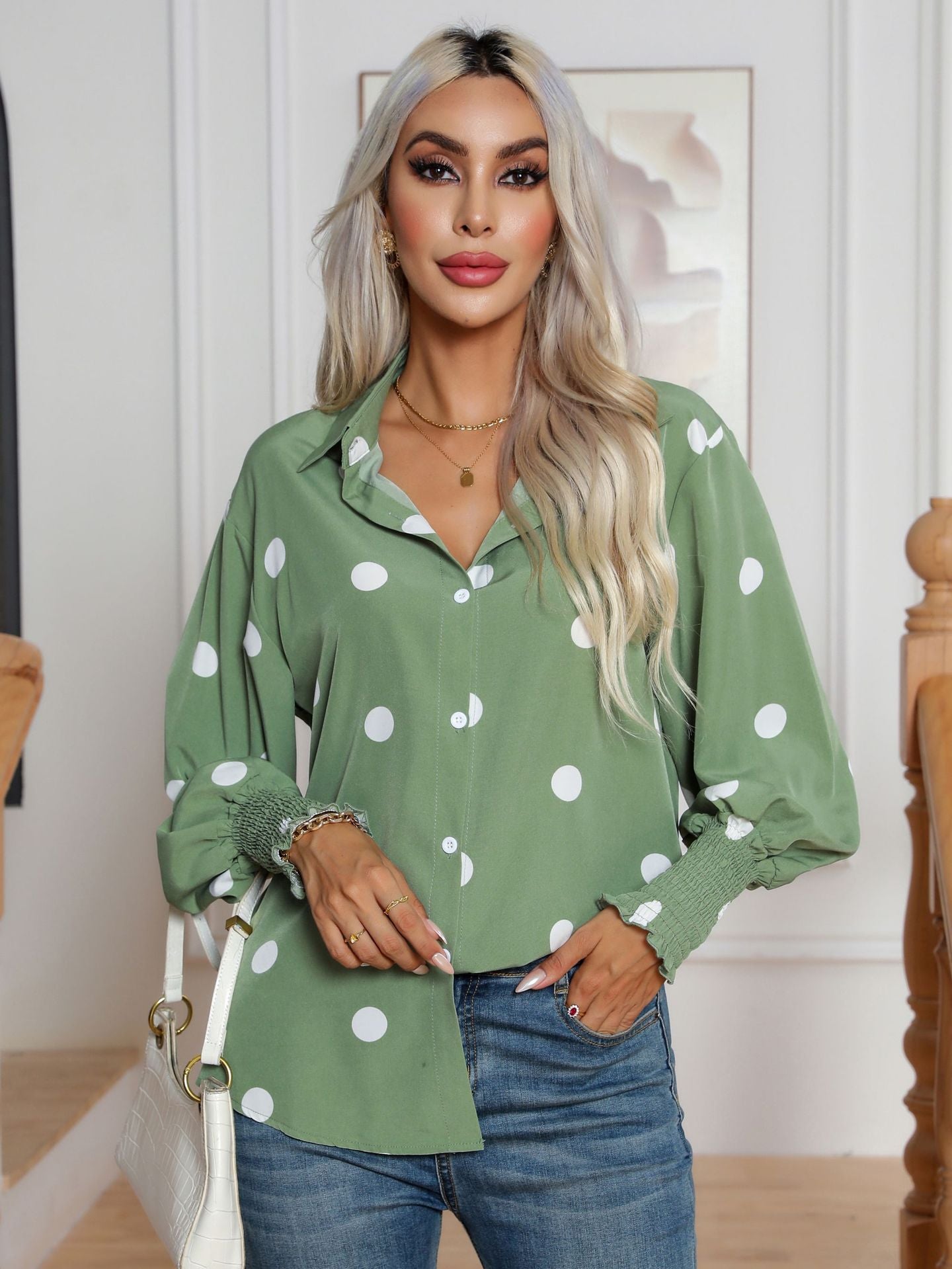 Sage Green Polka Dot Balloon Sleeve Button Down Blouse