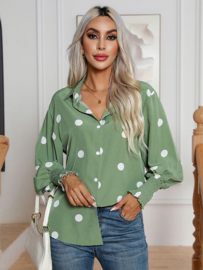 Sage Green Polka Dot Balloon Sleeve Button Down Blouse