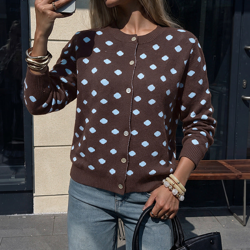 Brown Polka Dot Button Down Knit Cardigan Sweater