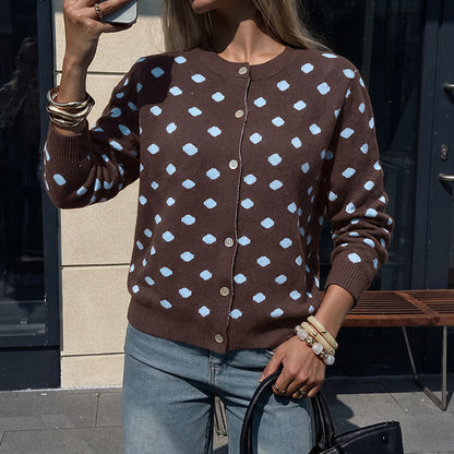 Brown Polka Dot Button Down Knit Cardigan Sweater