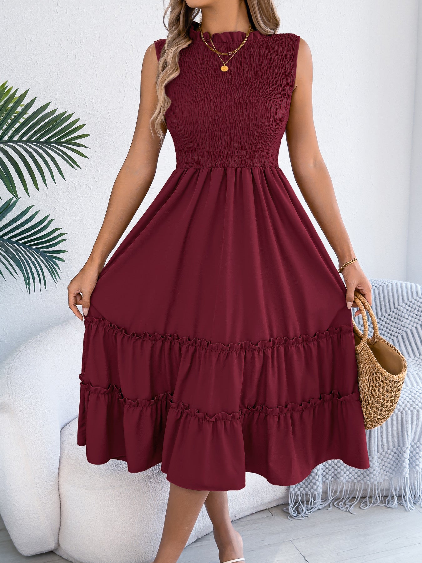 Smocked Sleeveless Ruffle Midi Dress Flowy Summer
