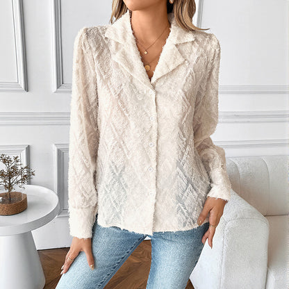 Textured Jacquard Button Down Blouse Elegant Work Shirt