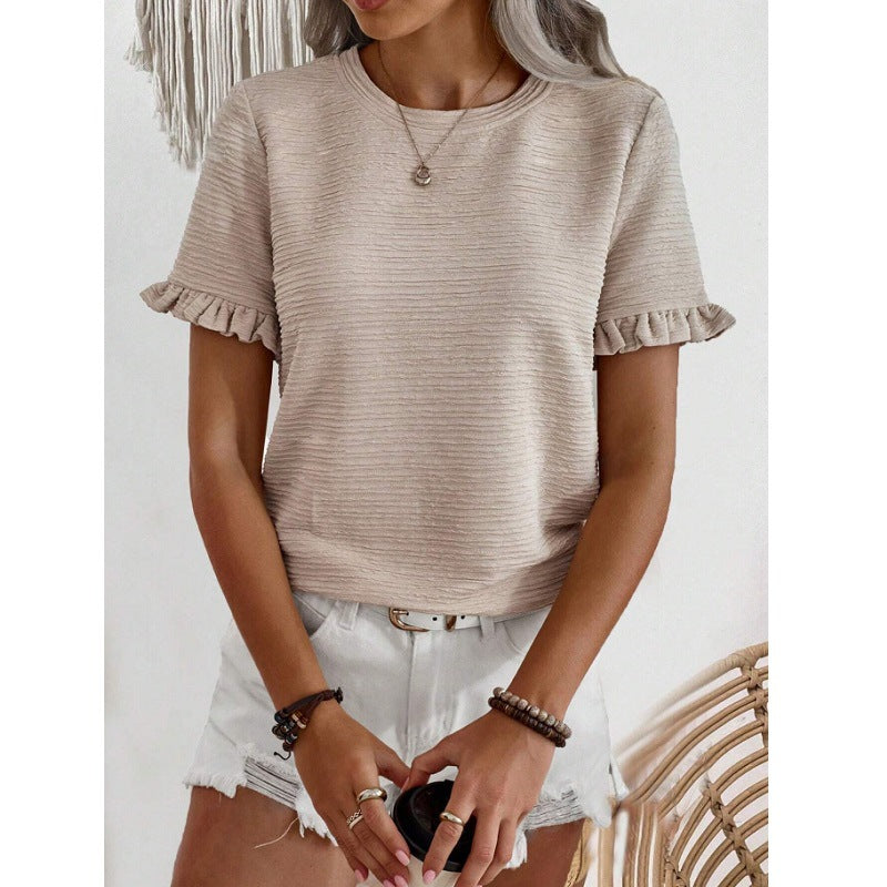 Women’s Ruffle Sleeve Textured Round Neck Casual Top