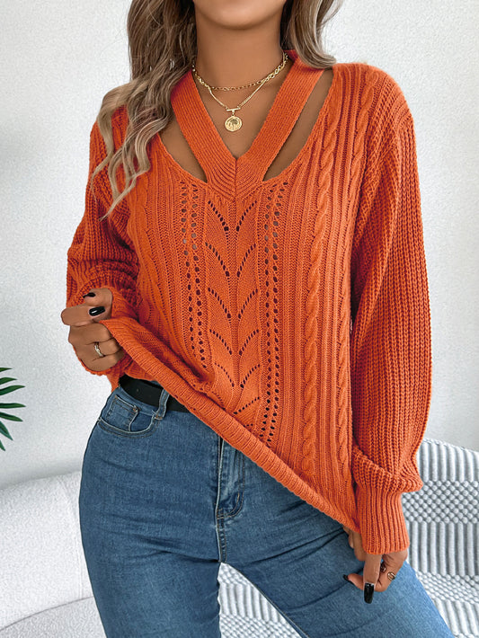 Hollow Out V Neck Cable Knit Lantern Sleeve Sweater