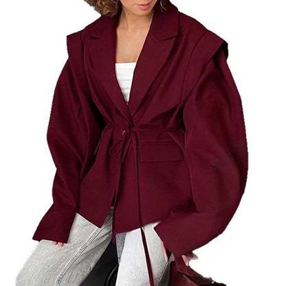 Women's Tie Waist Blazer Oversized Casual Jacket