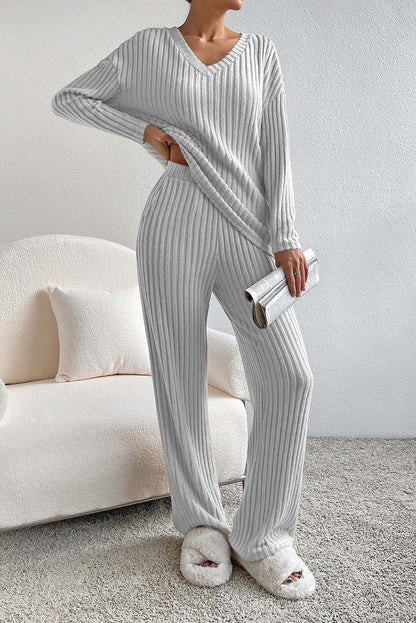 Women's Ribbed Knit V-Neck Two-Piece Lounge Set