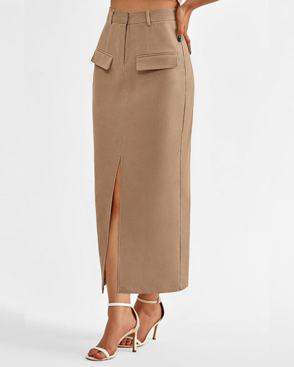 Elegant High Waist Midi Skirt with Front Slit