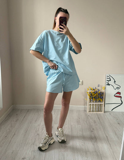 Cotton Two Piece Set T Shirt Shorts Casual Lounge Outfit