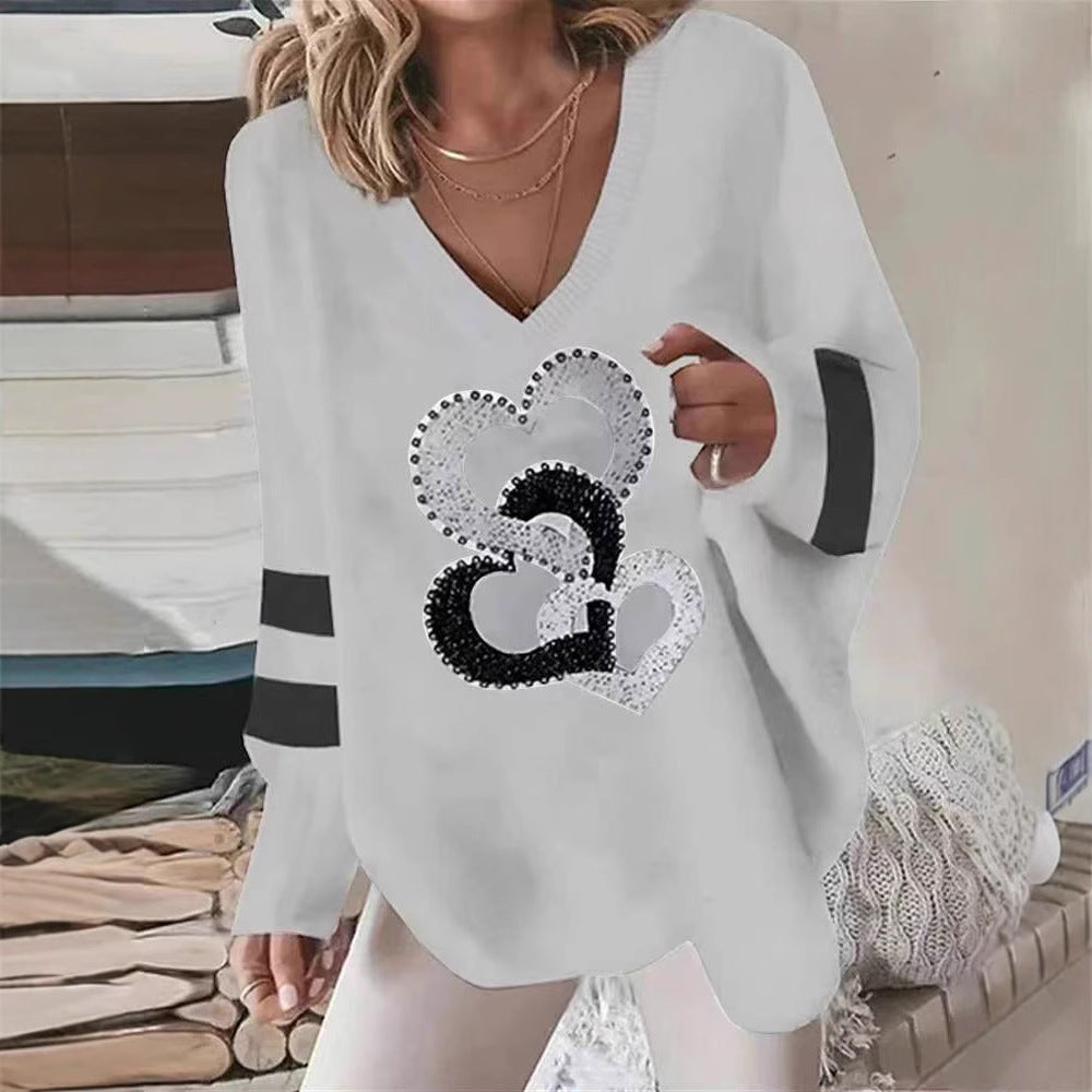 Women's Oversized V-Neck Heart Sweatshirt Long Sleeve