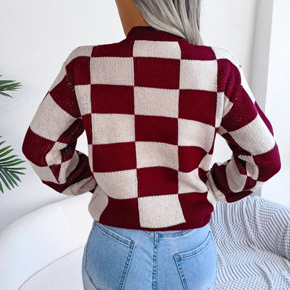 2025 Fall/Winter Colorblock Checkered Knit Sweater - Street Style