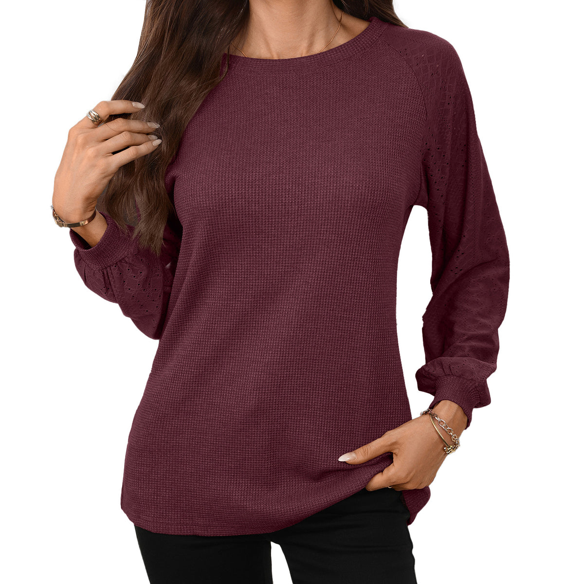 Women's Waffle Knit Raglan Eyelet Long Sleeve Top
