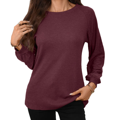 Women's Waffle Knit Raglan Eyelet Long Sleeve Top