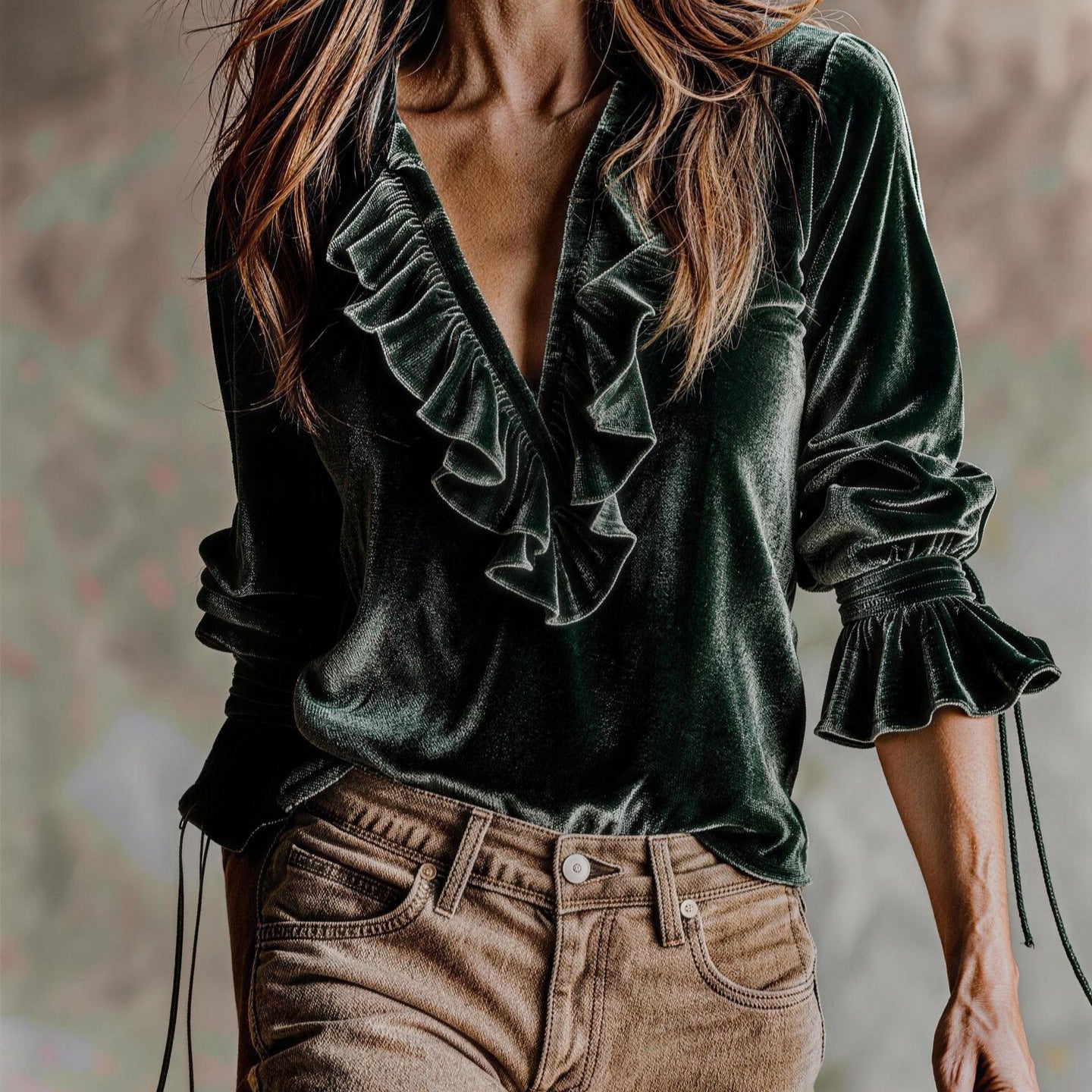 Velvet Ruffle V-Neck Boho Blouse Top