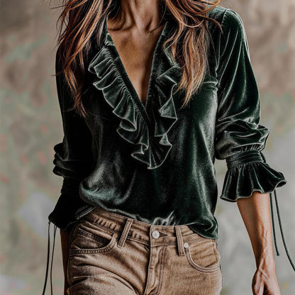Velvet Ruffle V-Neck Boho Blouse Top