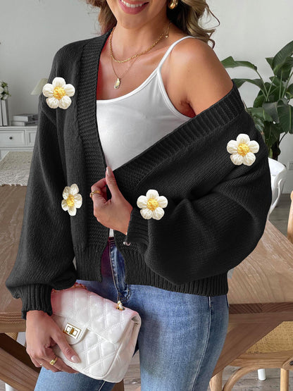 Floral Crochet Knit Cardigan Sweater with Balloon Sleeves