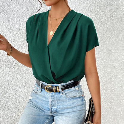 V Neck Short Sleeve Bodysuit Elegant Casual Summer Top