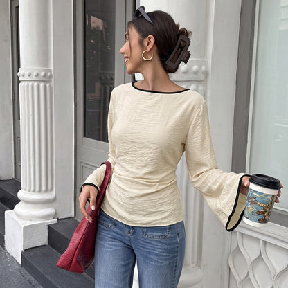 Back Tie Boat Neck Long Sleeve Slim Fit Knit Top