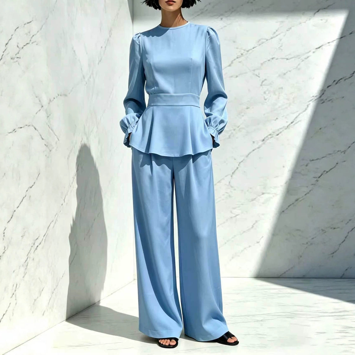 Women's Puff Sleeve Peplum Wide Leg Pants Set