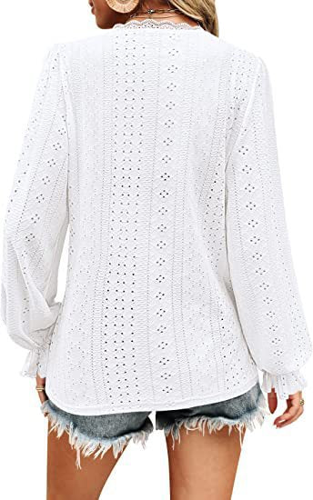 Women's Eyelet V-Neck Puff Sleeve Lace Blouse