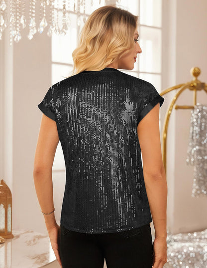 Sequin V Neck Party Blouse Short Sleeve Dressy Top